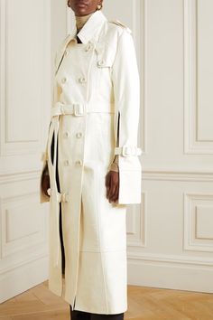 Off-white Double-breasted leather trench coat | ACNE STUDIOS | NET-A-PORTER White Belted Outerwear For Work, Designer White Outerwear With Buttons, Elegant Cream Leather Outerwear, Cream Leather Outerwear For Work, Designer White Outerwear For Work, Chic White Leather Outerwear, White Trench Coat Outfit, White Coat Outfit, Off White Coat