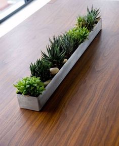 a wooden table topped with a planter filled with succulents