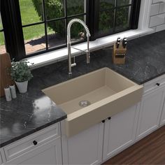 a kitchen sink sitting under a window in front of a counter top next to a potted plant