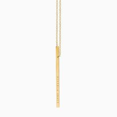 "Sleek, simple and made for everyday, our vertical bar necklace evokes effortless cool and is available in 14k gold filled or sterling silver. The long slim bar may be personalized with up to 18 characters in total, and is hung from asymmetrical points, for an off-kilter look. We create our name bars from a thick gauge metal which gives this piece a high quality look! (All designs & text copyright LUCA jewelry LLC). (Model is wearing a 24 \" long necklace, with the bar hanging a further 2.5\ Rectangular Yellow Gold Bar Necklace For Everyday, Everyday Rectangular Yellow Gold Bar Necklace, Everyday Yellow Gold Rectangular Bar Necklace, Minimalist Yellow Gold Bar Necklace With Cable Chain, Minimalist Yellow Gold Bar Necklace With Rectangular Pendant, Minimalist 14k Gold Bar Necklace With Rectangular Pendant, 14k Gold Rectangular Pendant Bar Necklace, Minimalist 14k Gold Bar Necklace For Everyday, Gold Minimalist Rectangular Bar Necklace