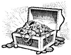 an open chest filled with coins on the ground, vintage line drawing or engraving illustration