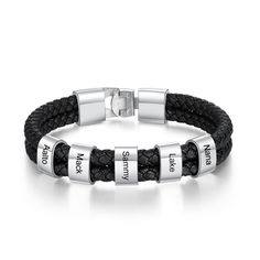 Personalized Engraved 5 Names Beads Bracelets is a rope bracelet made up of leather and is double layered bracelet which is black in color. It is adjustable as it has a hook which makes it fit for any size. It can be customized by engraving on the round silver color bead in the center. It is an ideal gift for men for any occasion as it comfortable as well as stylish. Features: Customized Type: NAME Gender: Men Metals Type: Stainless steel Bracelets Type: Charm Bracelets Material: Metal Setting T Customised Bracelets, Personalized Leather Bracelet, Mens Braids, Simple Bracelets, Braided Leather Bracelet, Men's Bracelet, Mens Leather Bracelet, Braided Bracelets, Personalized Leather