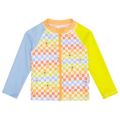 a child's colorful checkered jacket with long sleeves and an open front pocket