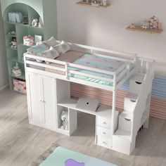 a child's bedroom with a bunk bed, desk and bookshelf on the floor