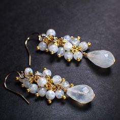 Genuine Rainbow Moonstone Briolette Teardrop Accents with Moonstone Clusters in 14K Gold Filled EarWire, Gemstone Earring,Bridal Gift for her White Gemstone Accented Earrings For Wedding, White Dangle Jewelry With Gemstone Accents, White Natural Stone Wedding Earrings, Drop Earrings With Natural Stones For Wedding, Natural Stone Drop Earrings For Wedding, White Natural Stones Earrings For Wedding, White Teardrop Earrings With Gemstone Accents, White Gemstone Bridal Earrings For Gift, White Gemstone Bridal Earrings As Gift