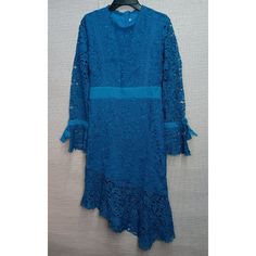 Blue Dress, Thick Venice Lace, Has A Light Layer Underneath, Long Sleeves Are See-Through Thick Lace, Has A Tie Bow Detail At The Ends, Asymmetrical Bottom Mermaid Hem, Little To No Stretch, Zippers Up At The Back Size M Armpit To Armpit: 18" Waist: 15" Hips: 18.5" Shoulder To Longest Bottom: 46.5" Midi Length New Without Tags From A Smoke-Free And Clean Home Feel Free To Follow Me Lots Of Items Are Listed From Bathing Suits To Dresses/Winter Jackets S-M-L-Xl-2x-3x In Different Items Tags/Ignore Blue Asymmetrical Hem Midi Dress, Blue Long Sleeve Lace Midi Dress, Engagement Party Dinner, Night Out Summer, Dinner Summer, Cocktail Dress Wedding Guest, Embroidery Red, Wedding Guest Formal, Bride Party