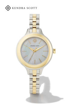 Designed in the most polished of metals and with an anti-scratch sapphire glass case, the Alex Two Tone Stainless Steel 35mm Narrow Watch Band in Ivory Mother-of-Pearl is one you never have to take off. A minimal take on the fan-favorite Alex Watch Band, this elevated timepiece features a shimmering mother-of-pearl face complete with our iconic medallion logo. Kendra Scott Store, Birthday Discount, Sold Out Sign, Glass Case, Two Tone Watch, Delicate Necklace, Kendra Scott, Watch Band, Jewellery And Watches