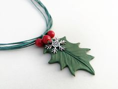 Berry Necklace, Winter Berry, Winter Necklace, Holiday Necklace, Christmas Necklace, Holly Berry, Holly Leaf, Polymer Clay Creations, Holiday Jewelry