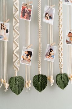 some pictures hanging on the wall with rope and leaves attached to them, as well as photos