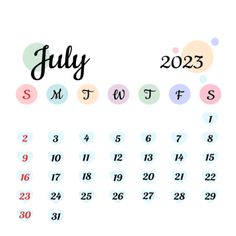 a calendar with the word july and month numbers in black ink on a white background