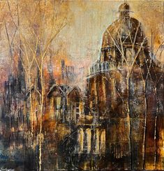 an abstract painting of buildings and trees in the fall season with no leaves on them