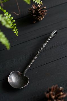 a metal spoon sitting on top of a wooden table next to pine cones and ferns