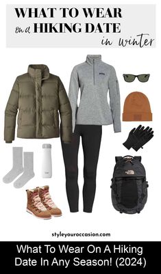 Find out exactly what to wear on a hiking date (for a girl) in every season so you're comfortable and looking your absolute best! Sweden Clothes Outfit, Hiking Wardrobe Women, Cold Rainy Hiking Outfit, Colorado Aesthetic Outfits Fall, Montana Fashion Fall, North Face Hiking Outfit, Neutral Hiking Outfit, Hiking Outfit Winter Mountain For Women, Iceland Outfit Spring