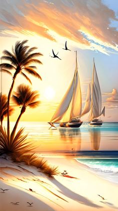 two sailboats are sailing on the ocean at sunset with birds flying over them and palm trees in the foreground