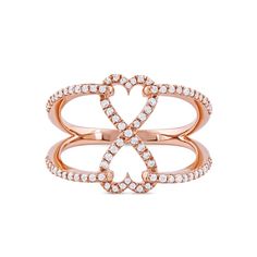 Express your modern yet romantic style with this playful diamond heart infinity ring in rose gold. Created in precious 10K rose gold Diamonds line a pair of mirrored open hearts set vertically along the center. The ribbons of the wide split shank shimmer with diamonds. This ring captivates with 1/3 ct. t.w. of diamonds. Elegant Double Heart Rose Gold Ring, Elegant Rose Gold Double Heart Rings, Heart Infinity Ring, Infinity Heart, Peoples Jewellers, Infinity Ring, Split Shank, Open Heart, Romantic Style