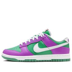 The Nike Dunk Low 'Stadium Green Fuchsia' is a stylish and perfect sneaker for women. This silhouette features a crisp green leather upper, contrasted with a vibrant fuchsia overlay. The classic Nike branding and rubber sole make this sneaker a timeless addition to any wardrobe. The low-cut collar provides a comfortable fit and the perfect look for any activity. The design of the Nike Dunk Low is inspired by retro basketball style, making it a great choice for any fan of the sport. With its uniq Green High-top Sneakers For Light Sports With Rubber Sole, Green Leather Basketball Shoes For Streetwear, Green Rubber Sole Running Shoes For Streetwear, Green Sneakers With Rubber Sole For Streetwear, Green Sporty Basketball Shoes For Streetwear, Sporty Green Basketball Shoes For Streetwear, Green Leather Sneakers For Sports, Green Lace-up Sneakers For Streetwear, Green Custom Low-top Sneakers With Contrast Sole