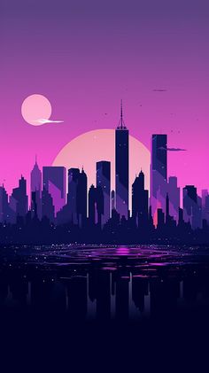 Minimalist phone wallpaper featuring a soothing purple background and a contrasting New York City skyline, tailored for Android and iPhone devices with a chic, modern appeal. Painting With Purple Background, City Background Aesthetic, New York City Skyline Wallpaper, Iphone Minimalist Aesthetic, Cyberpunk Skyline, Purple City Aesthetic, Contrast Wallpaper, New York City Skyline Silhouette, Bedroom Ideas Wallpaper