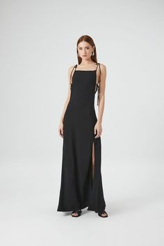 Satin Tie-Strap Maxi Dress | Forever 21 Satin Maxi Dress With Tie Back, Evening Dresses With Lace-up Back And Square Neck, Evening Slip Dress With Square Neck And Tie Back, Summer Satin Maxi Dress With Square Neck, Spring Satin Maxi Dress With Square Neck, Spring Square Neck Satin Maxi Dress, Satin Maxi Dress With Strappy Back For Prom, Evening Slip Dress With Side Slits And Straight Neckline, Satin Maxi Dress With Side Slits