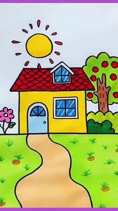 a drawing of a house in the middle of a field with trees and flowers on it