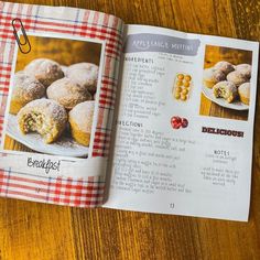 an open recipe book on a table with pictures of pastries and muffins