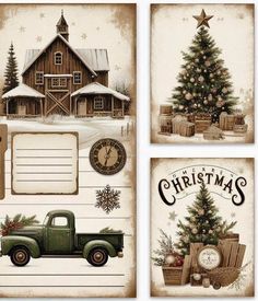 four christmas cards with an old truck and tree