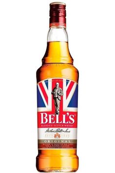 a bottle of bell's irish whiskey with the british flag in the top corner