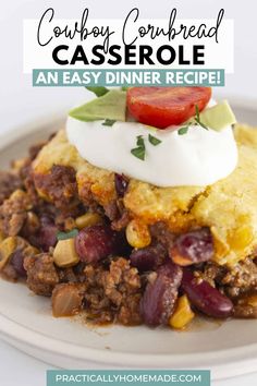 an easy dinner recipe with cornbread casserole and sour cream on the top