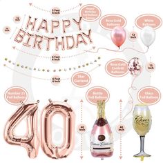 a birthday card with balloons, wine glass and champagne bottle in the shape of numbers