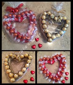 three pictures of heart shaped chocolates in plastic bags and wrapped in cellophane