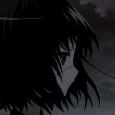 an anime character with long black hair and red eyes staring into the distance in front of dark clouds