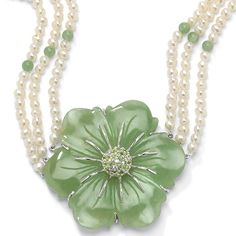 1.20 TCW Jade and Cultured Freshwater Pearl Necklace in .925 Sterling Silver Necklaces Green, Necklace String, String Necklace, Beach Necklace, Palm Beach Jewelry, Flower Choker, Vintage Jewelry Art, Jewelry Flower, Necklace Flower