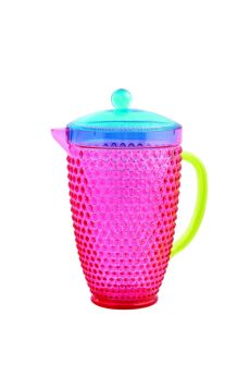 a pink and blue glass coffee cup with a lid on the top, sitting against a white background