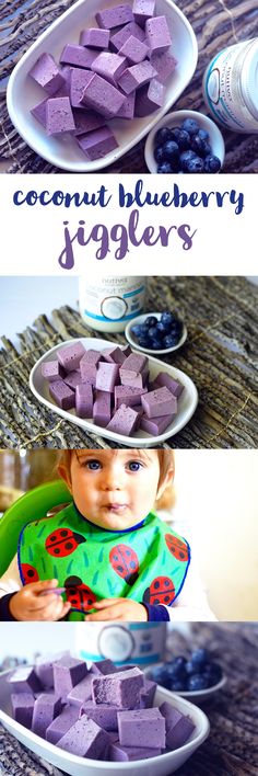 a collage of photos showing different types of food and the words coconut blueberry jigglers