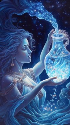 a painting of a woman holding a glass jar with stars in the sky behind her