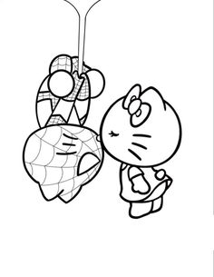 a cartoon character hanging from the ceiling with a spider on it's head and another character