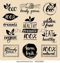 hand drawn organic food labels and badges with the words healthy, organic, 100 %