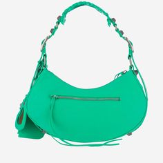 100% Lambskin Green Leather Top Handle Baguette Bag, Green Leather Baguette Bag With Detachable Handle, Green Leather Hobo Bag For Evening, Green Leather Baguette Bag With Removable Pouch, Chic Green Leather Saddle Bag, Designer Green Leather Shoulder Bag, Green Leather Shoulder Bag For Evening, Designer Green Soft Leather Shoulder Bag, Luxury Green Soft Leather Hobo Bag