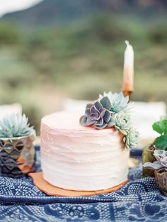 a pink cake sitting on top of a table next to two succulents