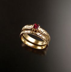 "This pretty wedding set has a nice Victorian antique look. Set with a 3.5mm square natural Ruby Red Spinel from Ceylon. Set in 14k yellow Gold The band is 3.25mm wide and 1.25mm thick. The matching band is 2.5mm wide and 1.25mm thick. Specify your size in a \"note to seller\" at check out." Square Cut Ruby Ring For Wedding, Square Cut Ruby Wedding Ring, Red Square Cut Jewelry For Wedding, Wedding Ruby Ring With Square Cut, Square Cut Bezel Set Wedding Jewelry, Square-cut Ruby Wedding Ring, Elegant Square Cut Ruby Ring For Wedding, Wedding Square Cut Ruby Ring, Ruby Ring Designs