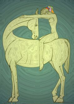 a drawing of a horse with its head on the back of it's neck