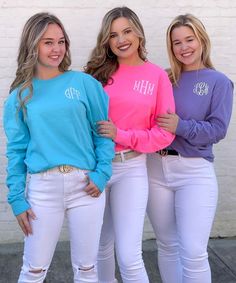 Long sleeve tees are perfect for all seasons and you will love this one! These are pigment dyed and are super soft! They are so comfy and are great paired with jeans, our monogrammed leggings, or shorts! You will want one in every color! Choose your own color monogram!  * 5.5-ounce, 100% pigment-dyed ring spun cotton Monogram Sweatshirt, Pink And Lavender, Custom Top, Group Events, Custom Apparel, Personalized Monogram, Every Color, School Spirit, School Outfit