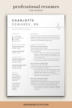 the professional resume template for nurses is shown in this image, it has a simple and clean