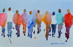 several people are walking down the street in watercolor