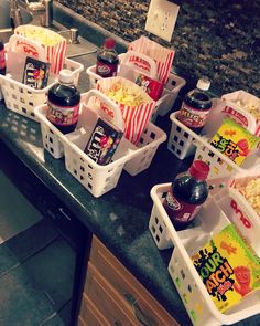 several baskets filled with food sitting on top of a counter