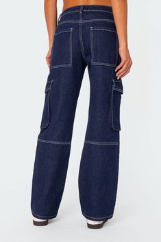 Cargo jeans Utility style pockets Stitch detailing Denim fabric 100% Cotton Model wears size S Model height is 5'9 Item care: Wash with similar color Blue Jean Cargo Pants, Wide Leg Cargo Jeans, Visionary Fashion, Utility Style, Swimwear Dress, Cargo Jeans, Contrast Stitch, Pocket Detail, Denim Fabric