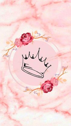 a pink marble background with roses and a crown