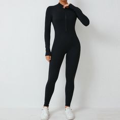 Elevate your fitness wardrobe with the Zipper Workout Romper. This Padded Bodysuit, designed for women who embrace high-intensity workouts and seek stylish comfort. Crafted from a premium blend of nylon and spandex, this long-sleeved gym jumpsuit offers a snug, supportive fit that moves with you. The elastic waist ensures a secure fit, while the padded interior and 4-way stretch fabric provide maximum comfort and flexibility. Key Features: Material: High-quality nylon and spandex blend for durab Stretch Functional Bodysuit For Sports, Functional Stretch Sports Bodysuit, Functional Stretch Bodysuit For Sports, Nylon Activewear With Zipper Closure For Gym, Nylon Activewear With Zipper For Gym, Gym Activewear With Zipper Closure, Stretch Activewear With Zipper Closure For Workout, Black Stretch Activewear With Zipper Closure, Athleisure High Stretch Unitard For Gym