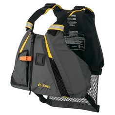 a life jacket with an orange and black stripe on the side, attached to it