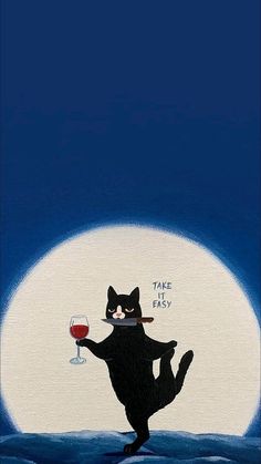 a painting of a black cat holding a glass of wine with the moon in the background