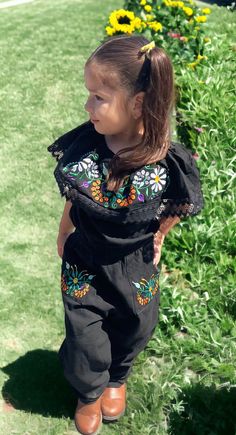 Beautiful BLACK Embroidered Mexican  Toddler jumpsuit   Sizes: Size 1, 2 Toddler and 4, 6, 8, 10  Please remember that they are handmade dresses and You may receive flowers and thread colors different than the ones in the picture. The Model is 3yrs Old and she is wearing a size 4.  Thank you for visiting my shop! Gracias Por visitar nuestra tienda ! HABLO ESPAÑOL :) contactanos para cualquier Pregunta. EVERYTHING IN MY SHOP IS READY TO SHIP - NO PRE-ORDERS- NO CUSTOM ORDERS. FREE SHIPPING TO USA Jumpsuit Traditional, Receive Flowers, Girls Jumpsuit, Toddler Jumpsuit, Mexican Dress, Mexican Girl, Sweet Pic, Traditional Mexican, Mexican Dresses